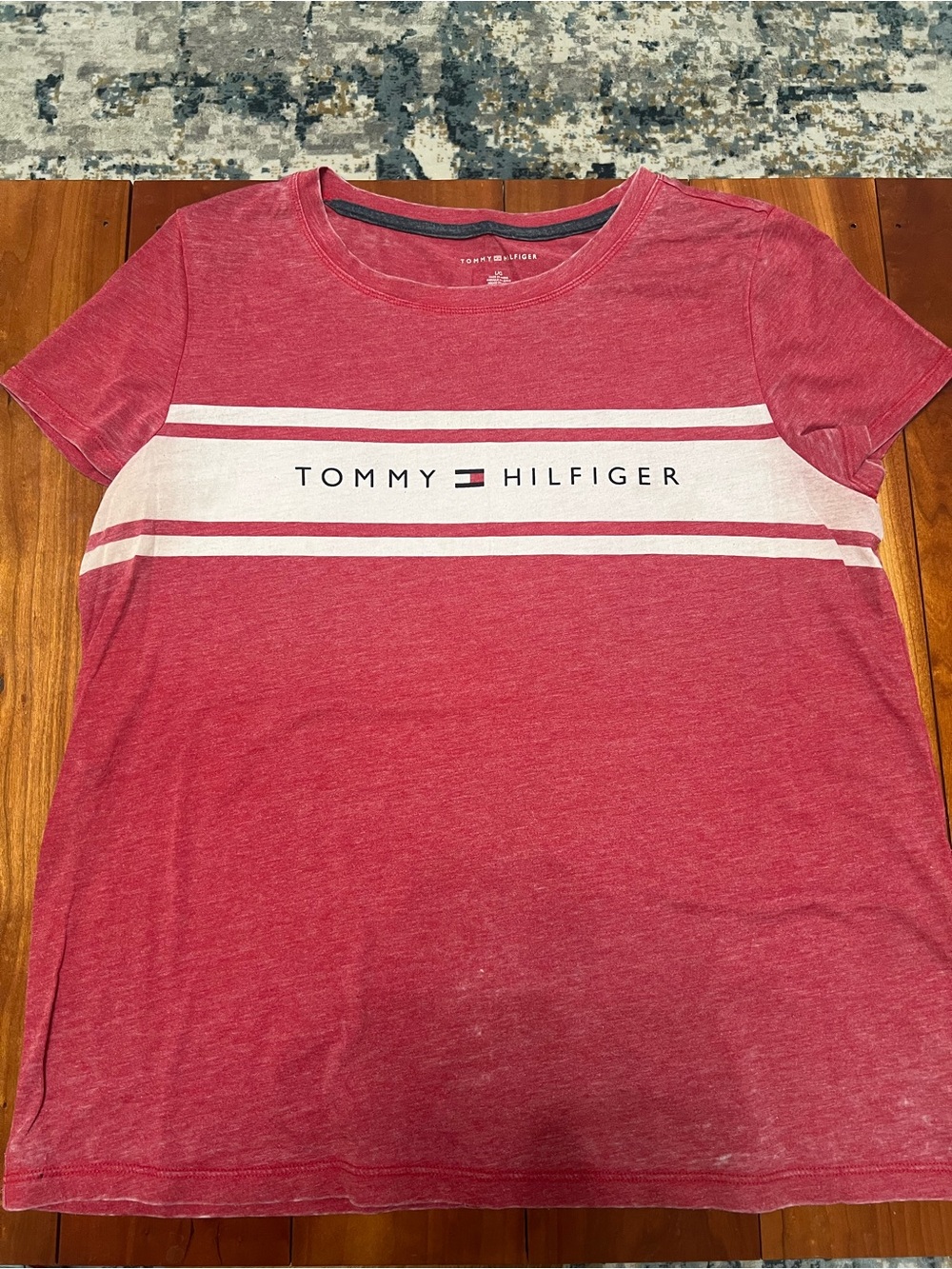 Tommy Hilfiger Red Short Sleeve. Tee w/ White Logo Stripe—great condition!